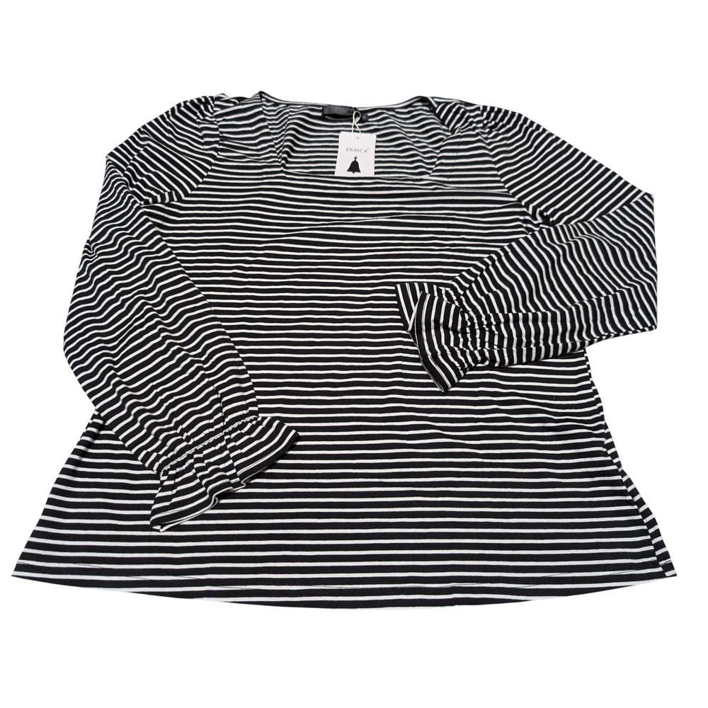 ZESICA Top Women XL Black White Striped Neck Ruffle Cuff Long Sleeve Shirt